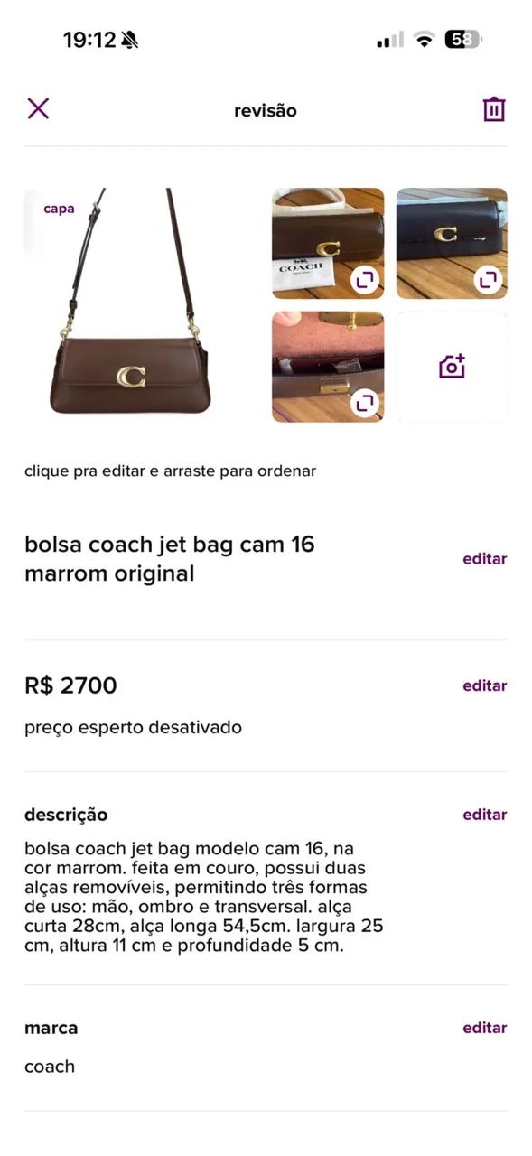  Bolsa Coach Jet Cam 16 Marrom (USA/2026/Original) - Foto 3