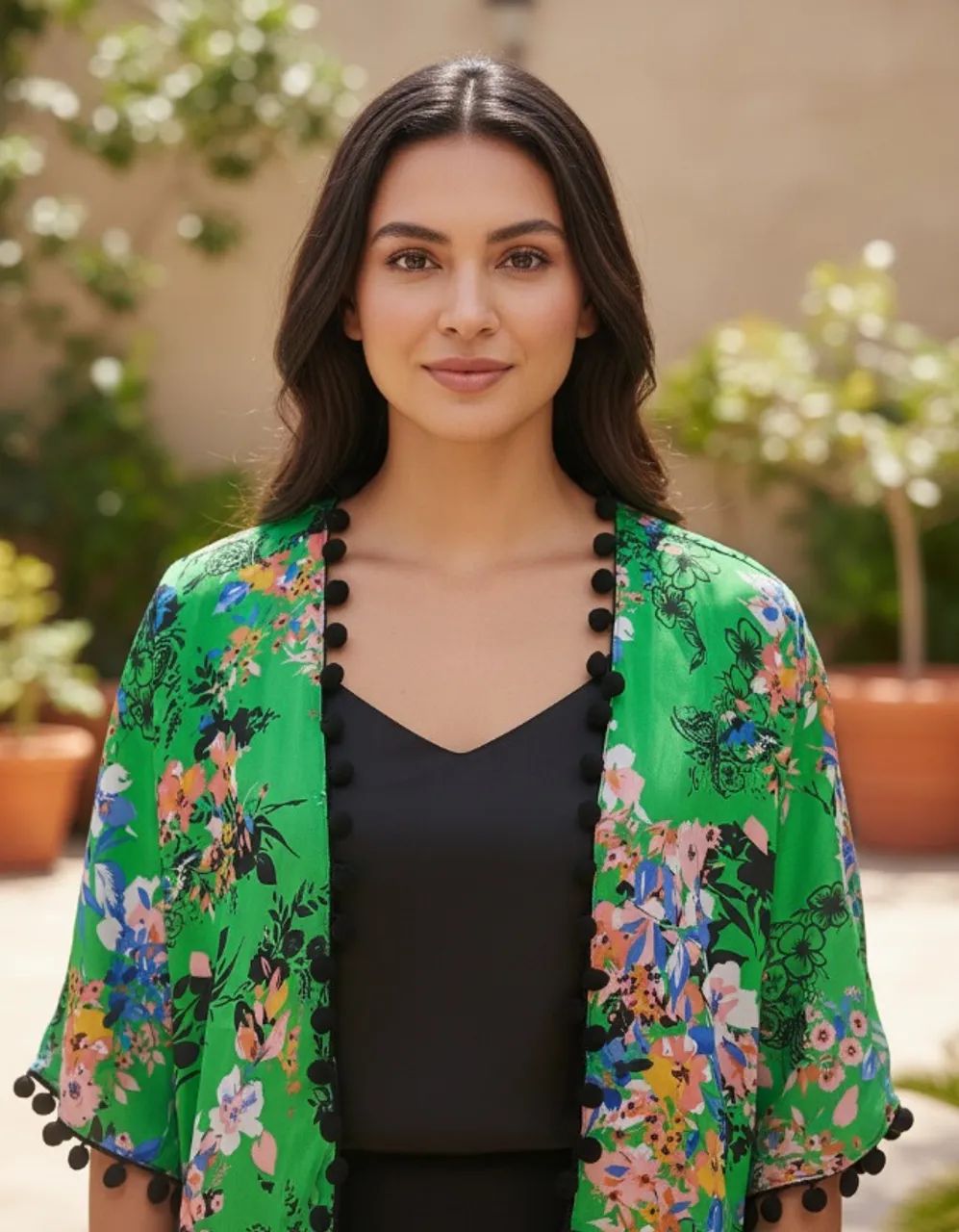 Blusa Feminina Kimono Floral Com Pompons Tecido Estampado