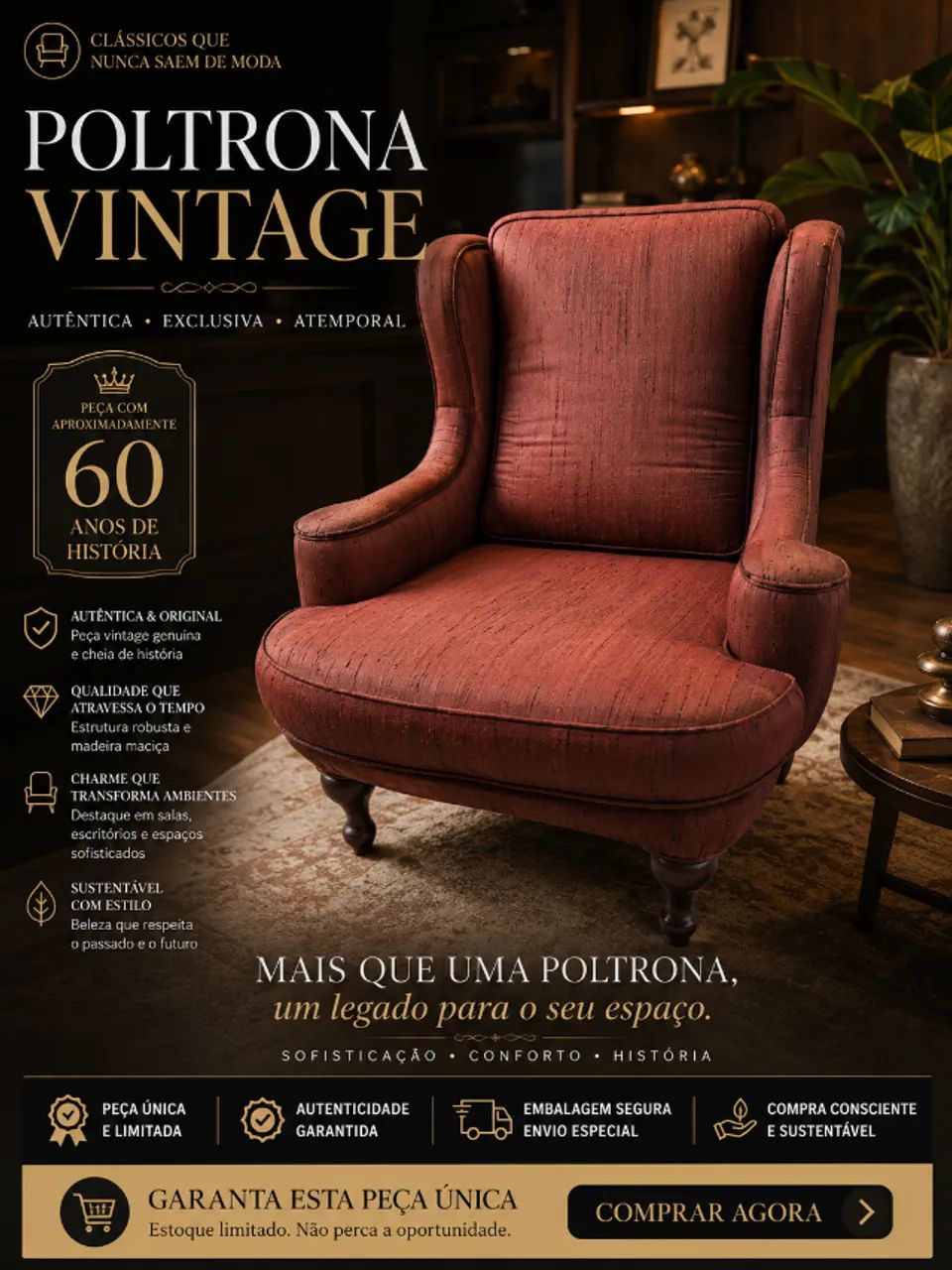 Poltrona Vintage Orelhuda (Wingback) ? Pés Luís XV ? 60 Anos