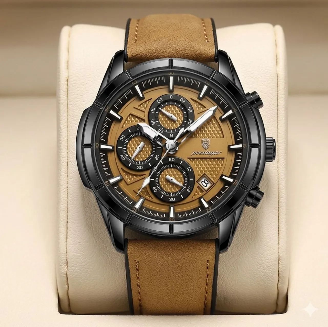 Relógio masculino poedagar - pulseira em couro marrom