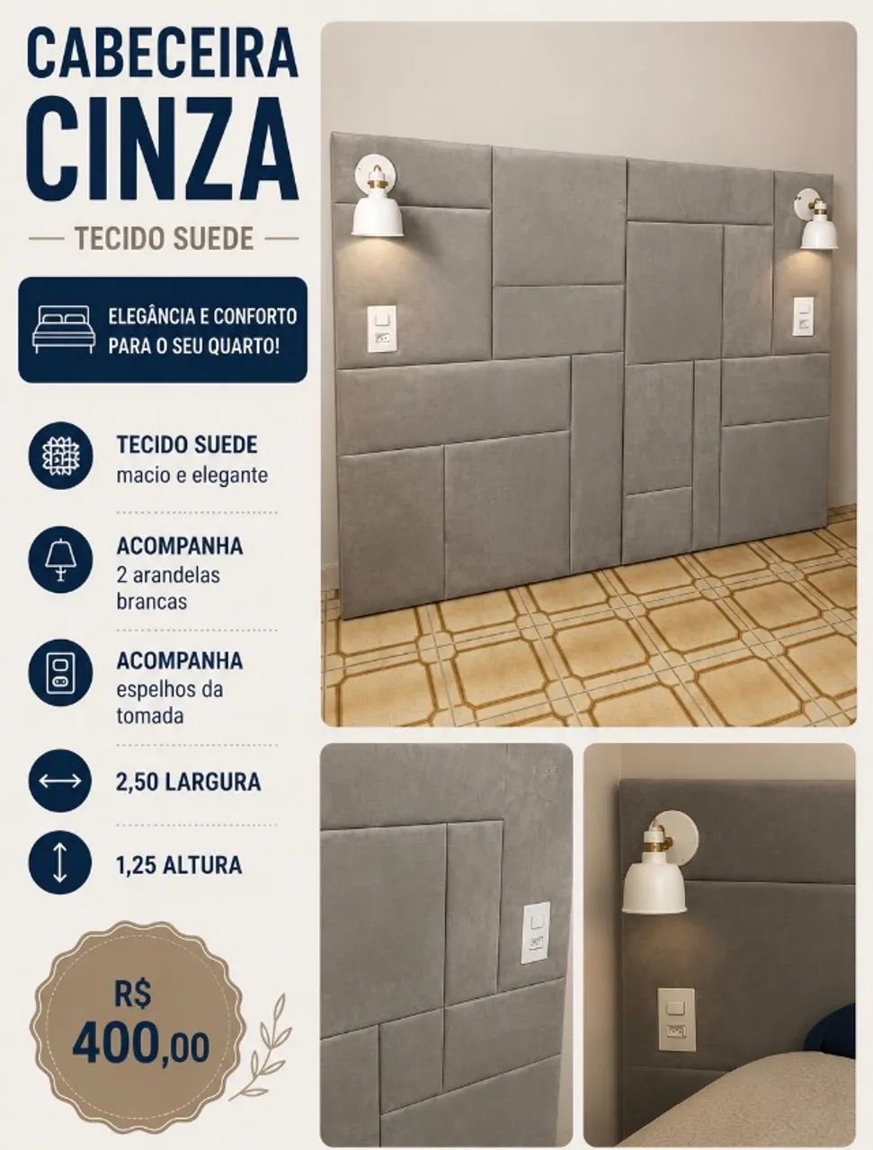 Cabeceira suede cinza - Foto 4