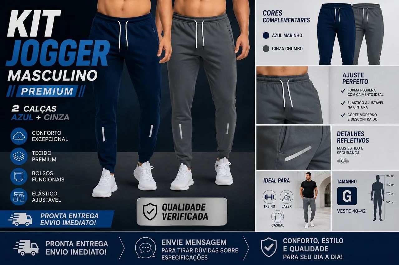 Kit Jogger Masculino Premium - Azul e Cinza | Entrega Rápida