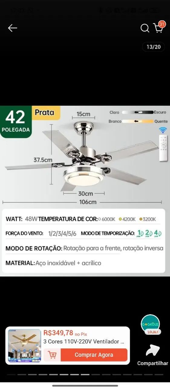 Ventilador de teto luz com led 