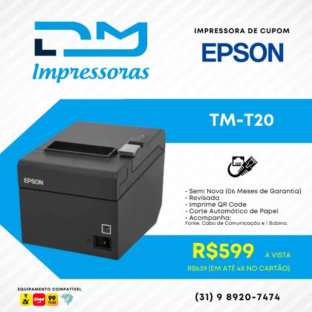 Impressora Térmica de Cupom Epson Tm-T20 Rede Ethernet Semi Nova - 06 Meses de Garantia