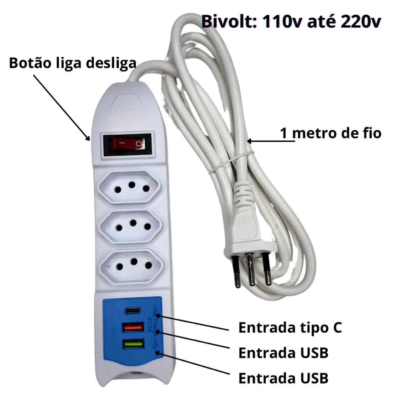 Extensão com 4 Tomadas, 2 USB e Tipo C Bivolt 110v/220v