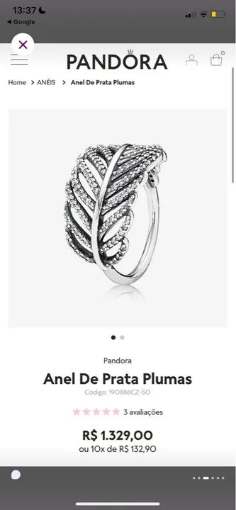 Anel de Prata Pandora Original com Detalhe de Pluma