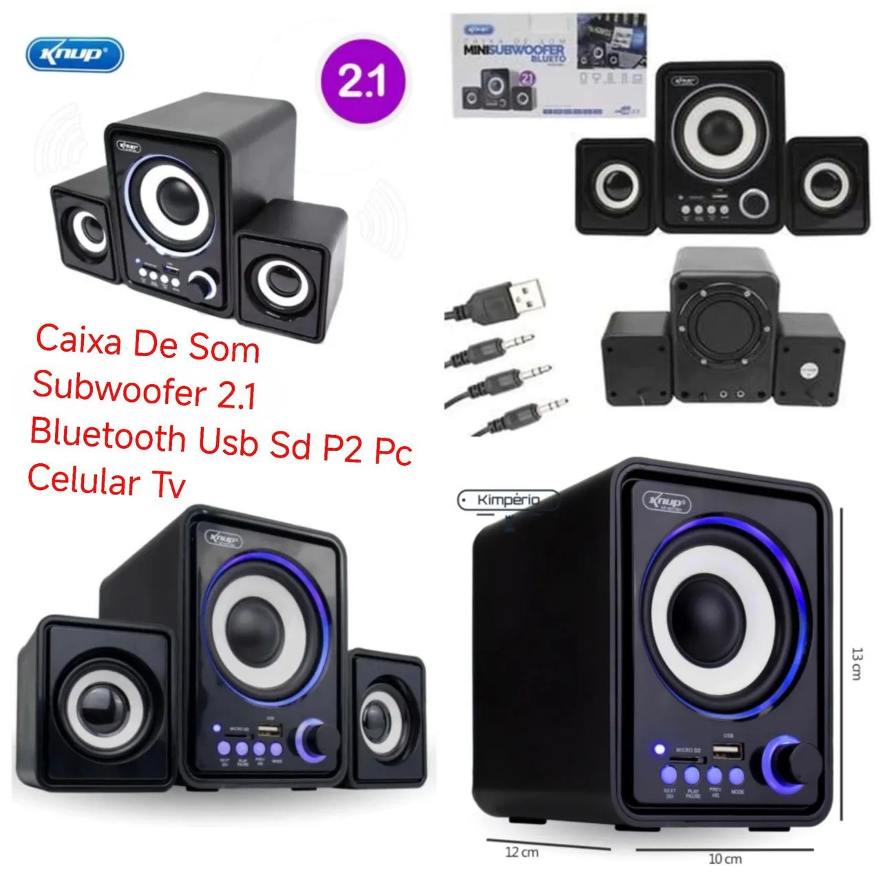 Caixa de Som Subwoofer 2.1 Bluetooth Knup