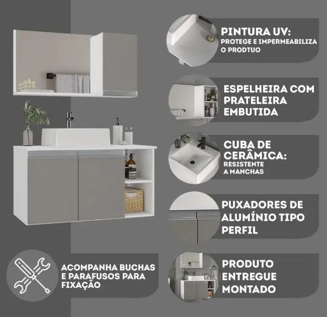 Armário / Kit de Banheiro Completo com Cuba e Espelho 80cm  - Foto 4