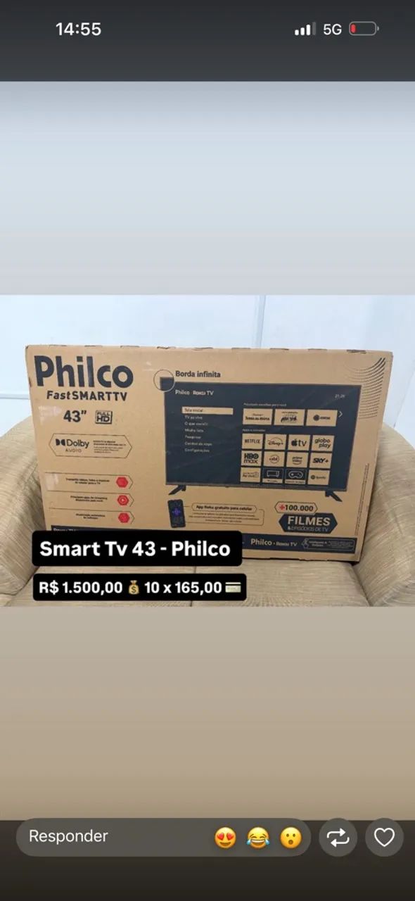 TV 43 polegadas PHILCO $1500,00 av 10x 165,00 
