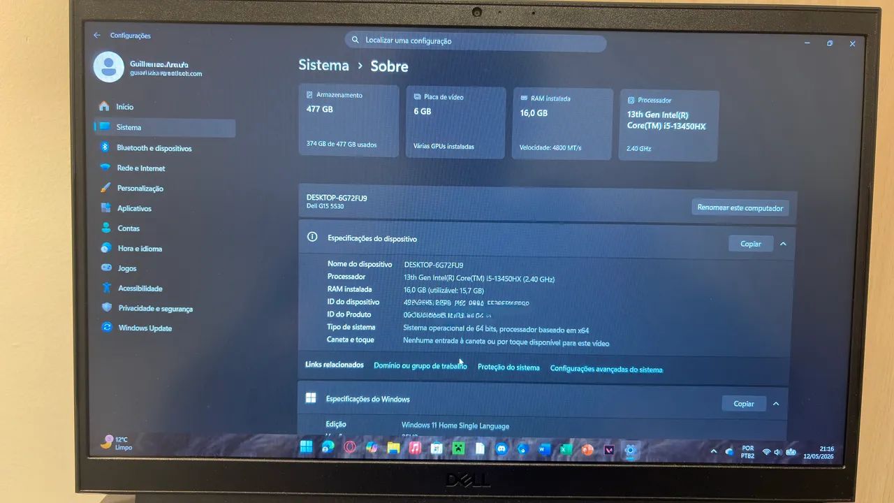 Notebook gamer Dell g15