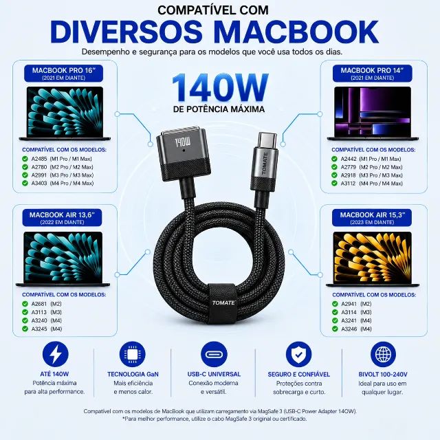 Cabo Compativel Com Somente Com Magsafe 3 Macbook A2681 96w 140w
