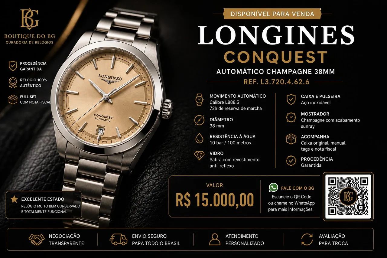 Longines Conquest 38mm Automático Champagne | Full Set | Impecável