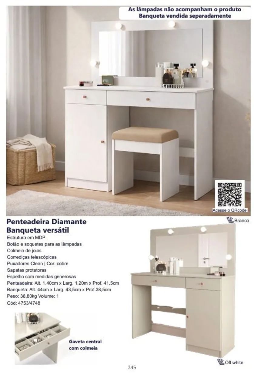 Penteadeira diamante e banqueta versátil