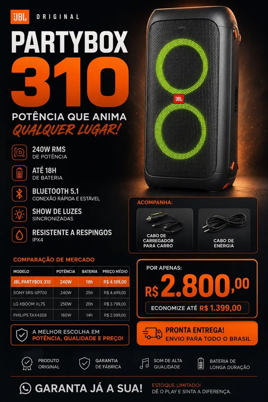 ? JBL PARTYBOX 310 ORIGINAL - OPORTUNIDADE IMPERDÍVEL!  - Foto 3