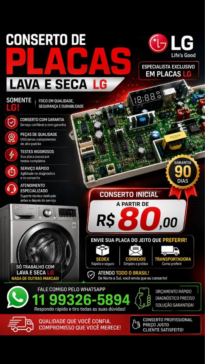 Reparo de placa lava e seca LG, a partir de R$ 80,00