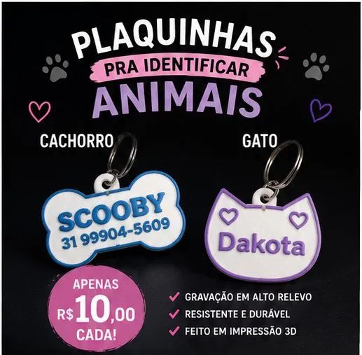 Plaquinha para pets em impressão 3d gato e cachorro 