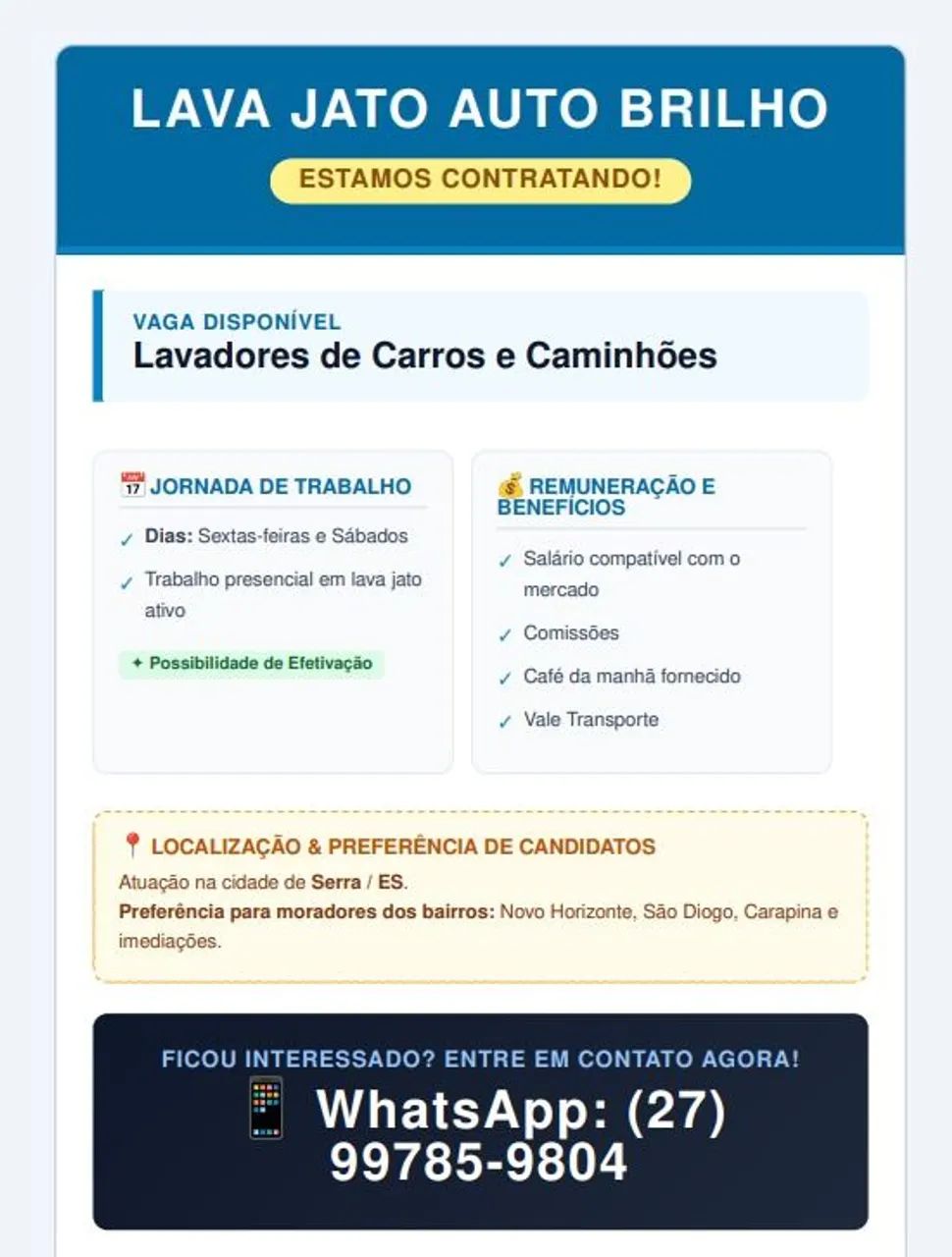 Vaga de Lavador de Veículos 