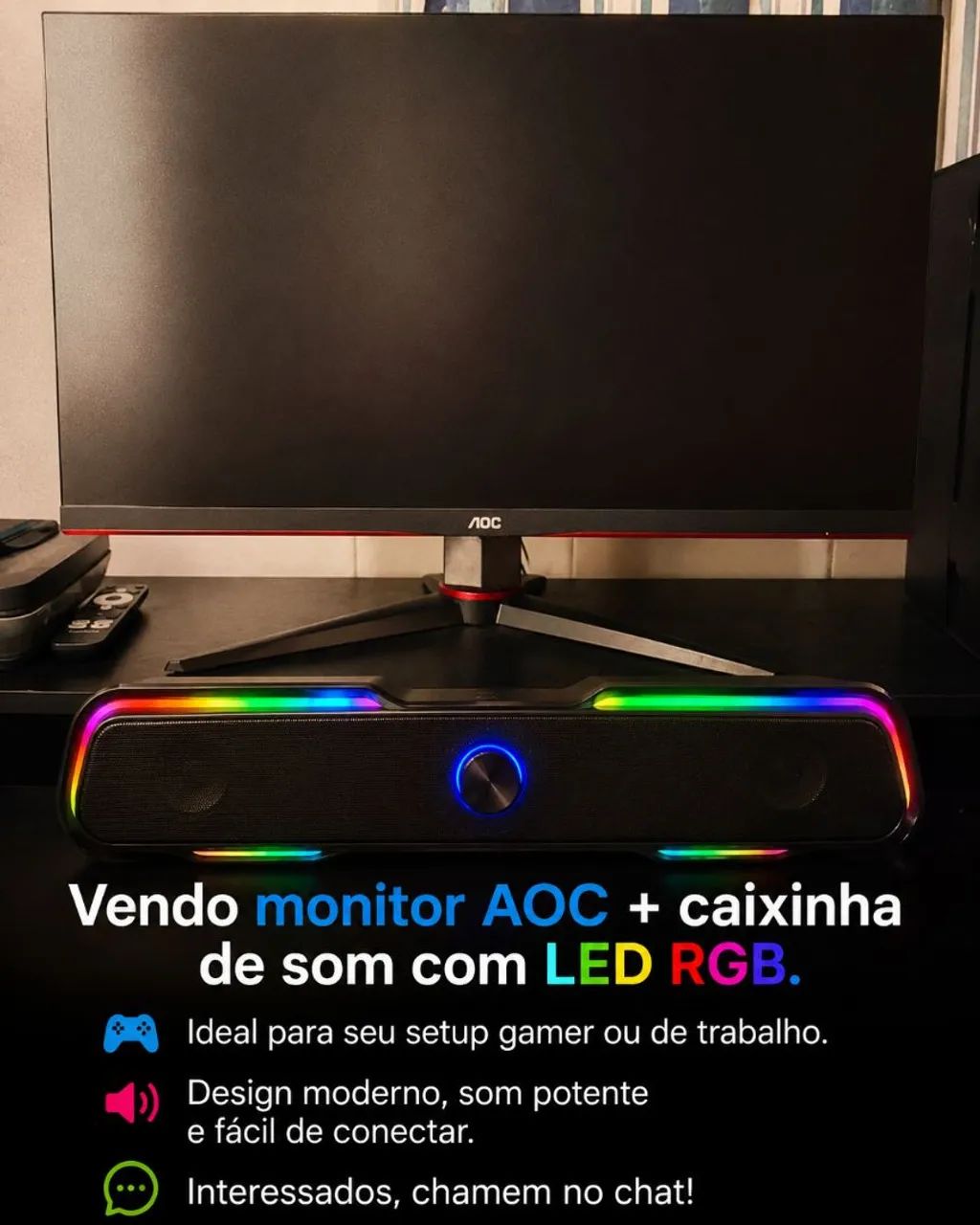Monitor AOC + Caixinha de Som LED RGB