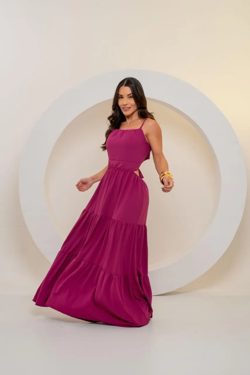 Vestido Longo Rosa Decote Quadrado - Tamanho M