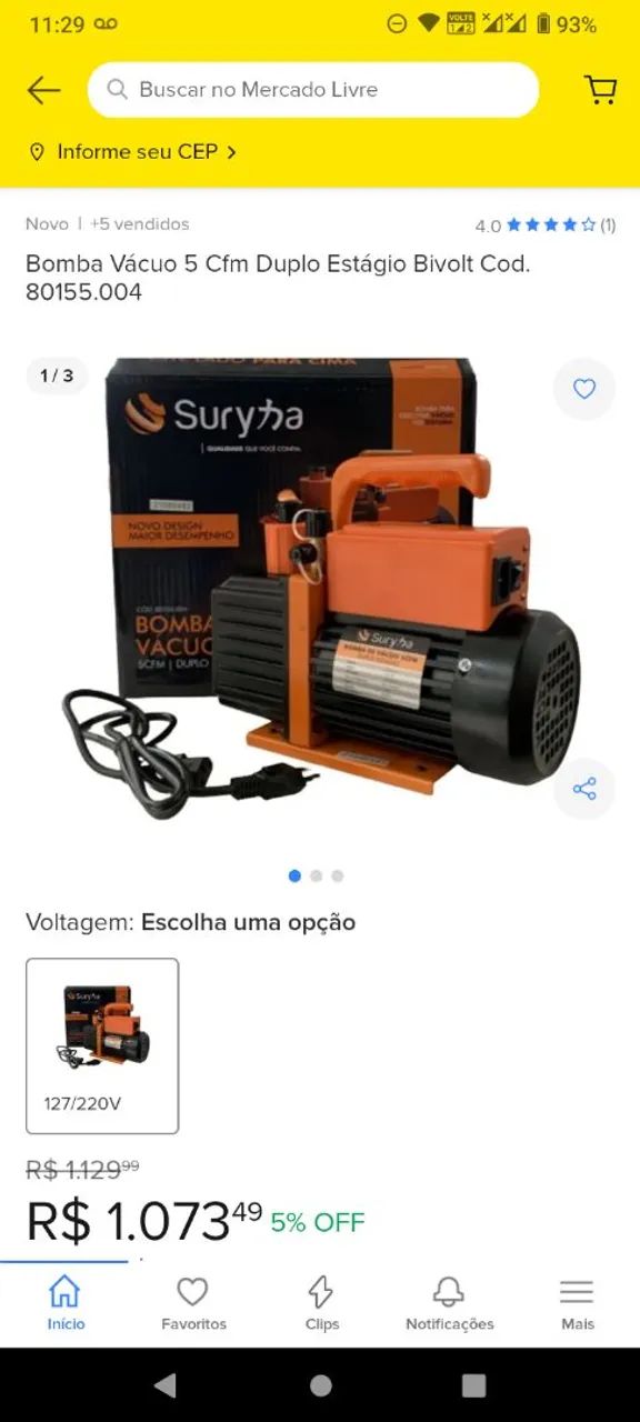 Bomba de Vácuo 5 Cfm Duplo Estágio Bivolt Surya