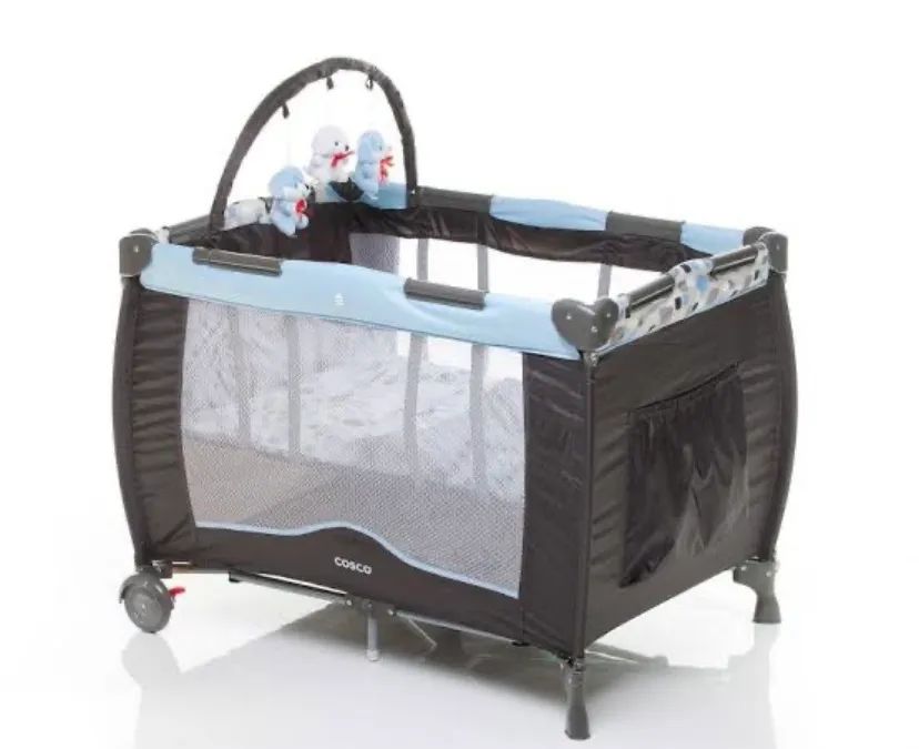 Berço Portátil para Bebê - Azul e Cinza