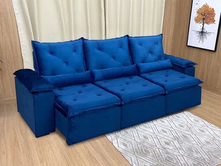 Sofá Retrátil 3 Lugares 270cm Veludo Azul Acari