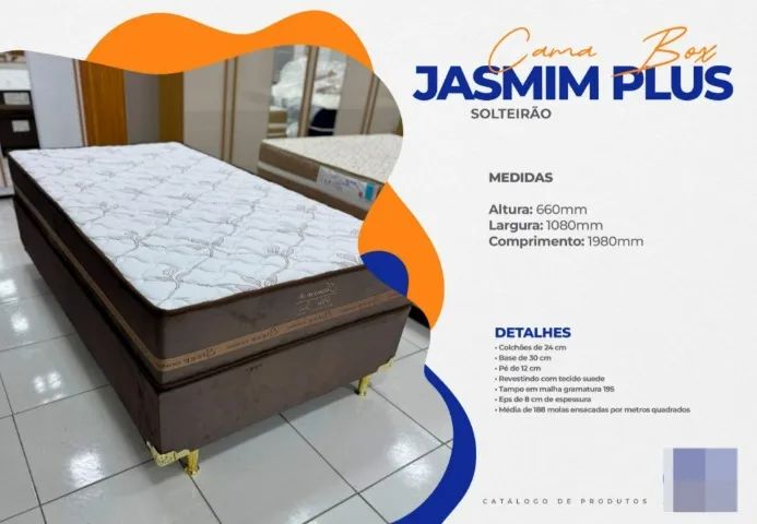 Cama Box Solteiro Jasmim Plus, com colchão de 24 cm, base de 30 cm e pés de 12 cm. Revesti