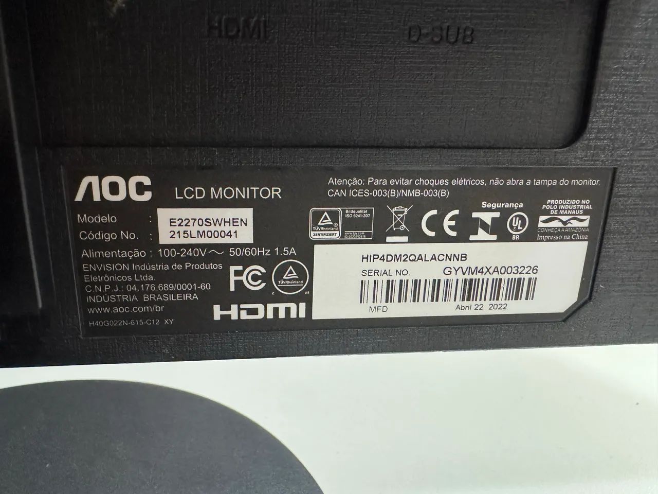 Monitor AOC 21,5 Full HD HDMI - Funciona, porém com tonalidade rosa - Foto 5