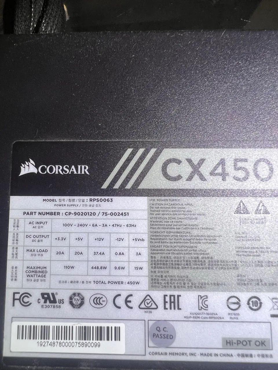 Fonte cosair 450w 80plus bronze 