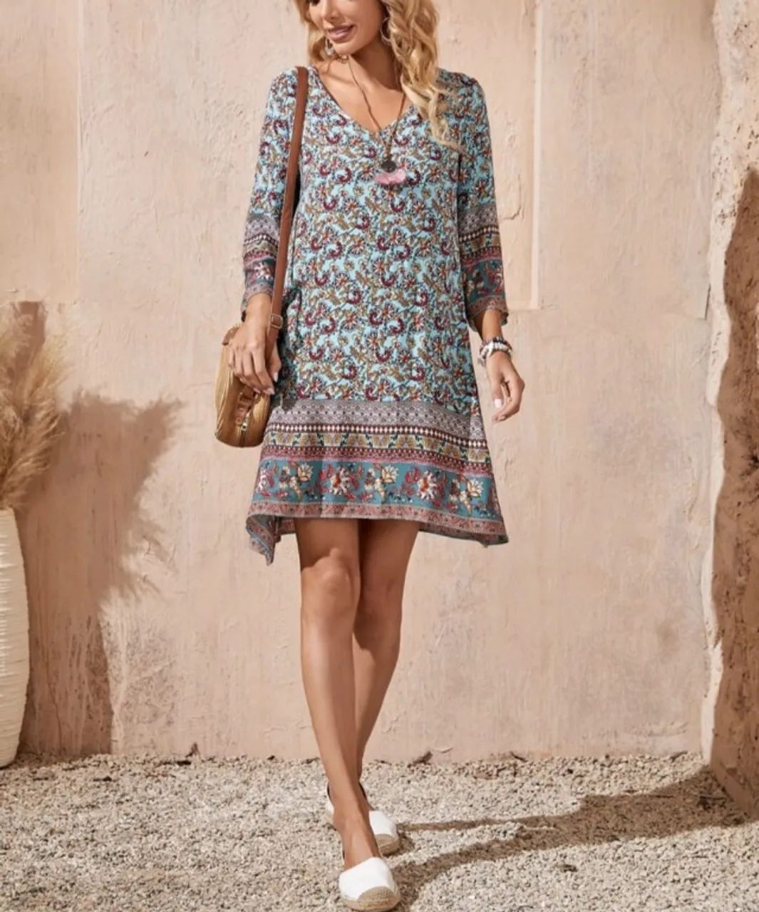 Vestido de mangas estampado Boho importado seminovo - Foto 5