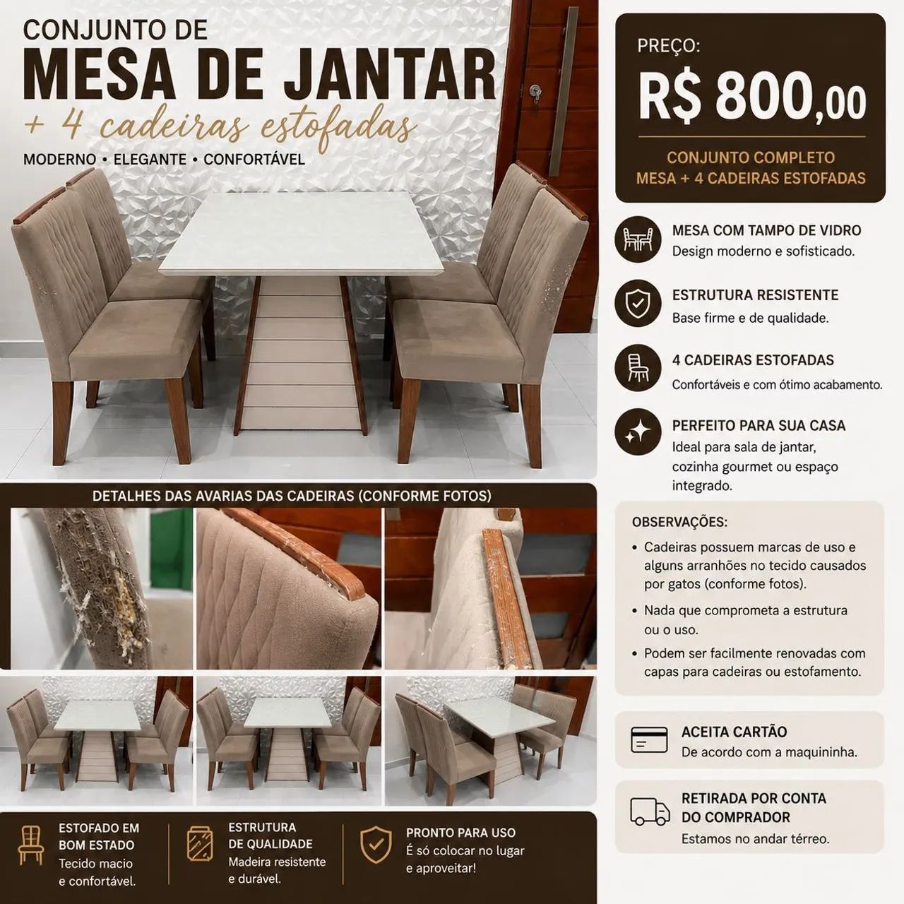 Mesa de jantar com tampo de vidro e 4 cadeiras