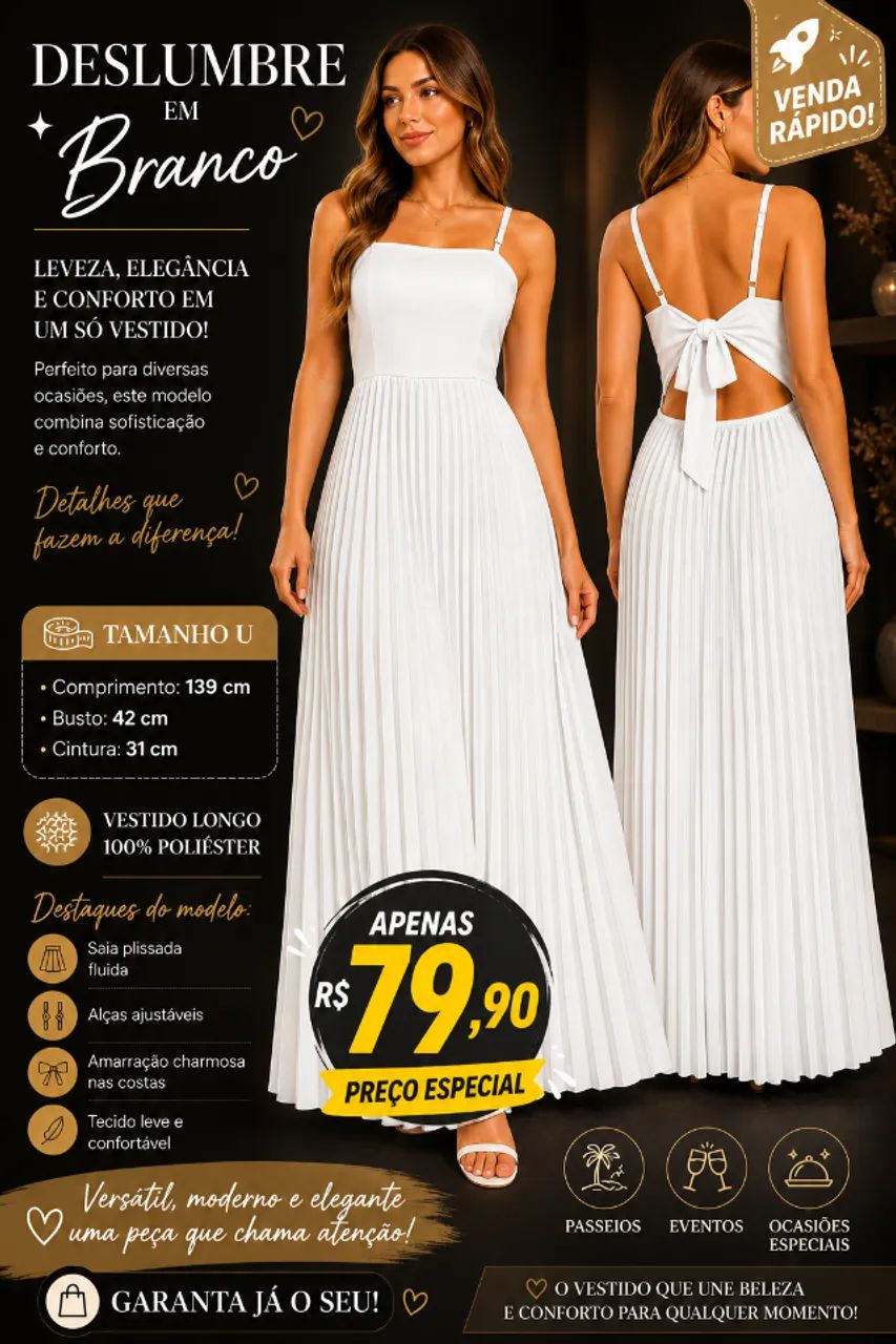 Vestido com saia Plissada, amarração nas costas