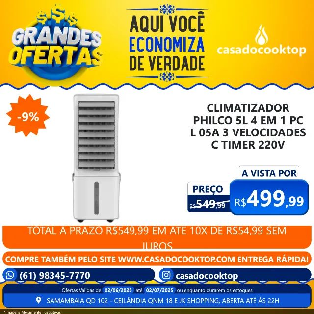 CLIMATIZADOR PHILCO 4 EM 1 PCL05A 3 VELOCIDADES FUNCAO TIMER