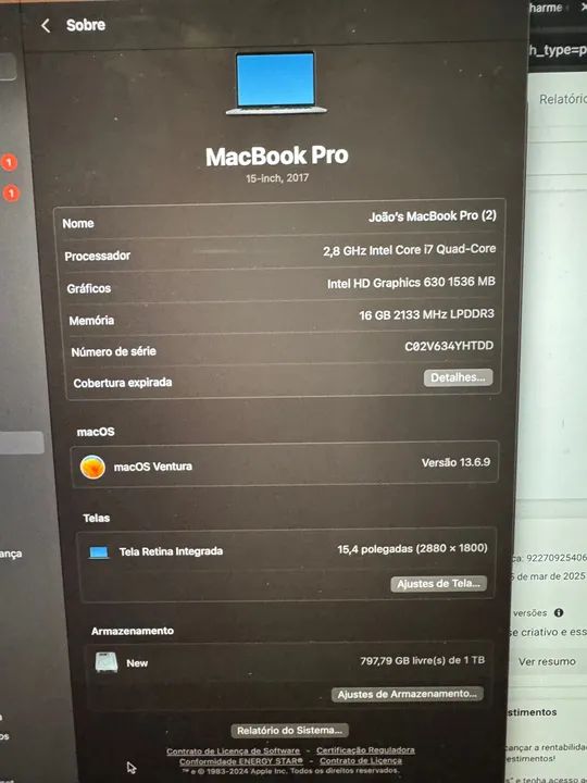 MacBook Pro i7 com Touch Bar (1TB SSD + 16 GB RAM) - Foto 5