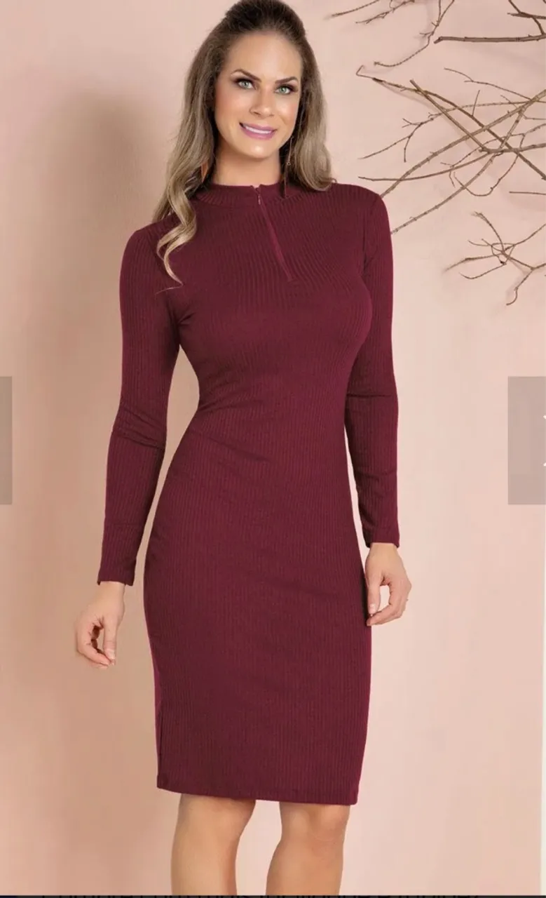 Vestido Midi Manga Longa Canelado Marsala