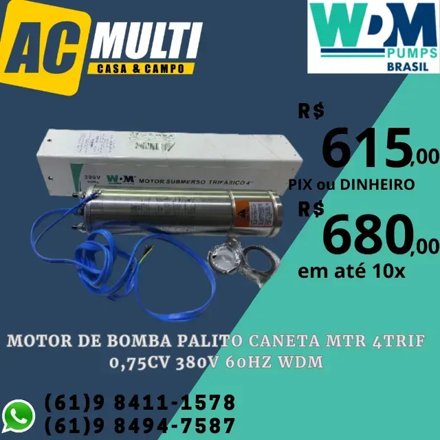 Motor de bomba palito caneta MTR 4TRIF 0,75CV 380V 60HZ wdm
