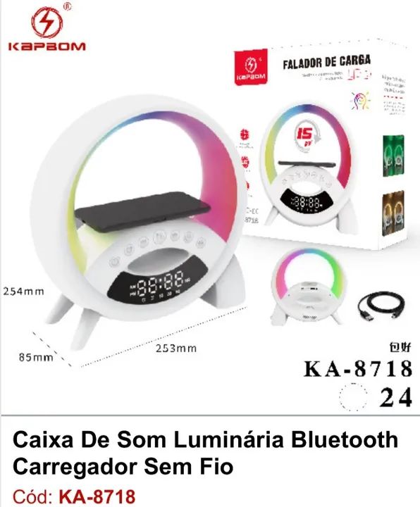 Caixa de Som Luminária com Relógio 15W KA-8718 - Kapbom