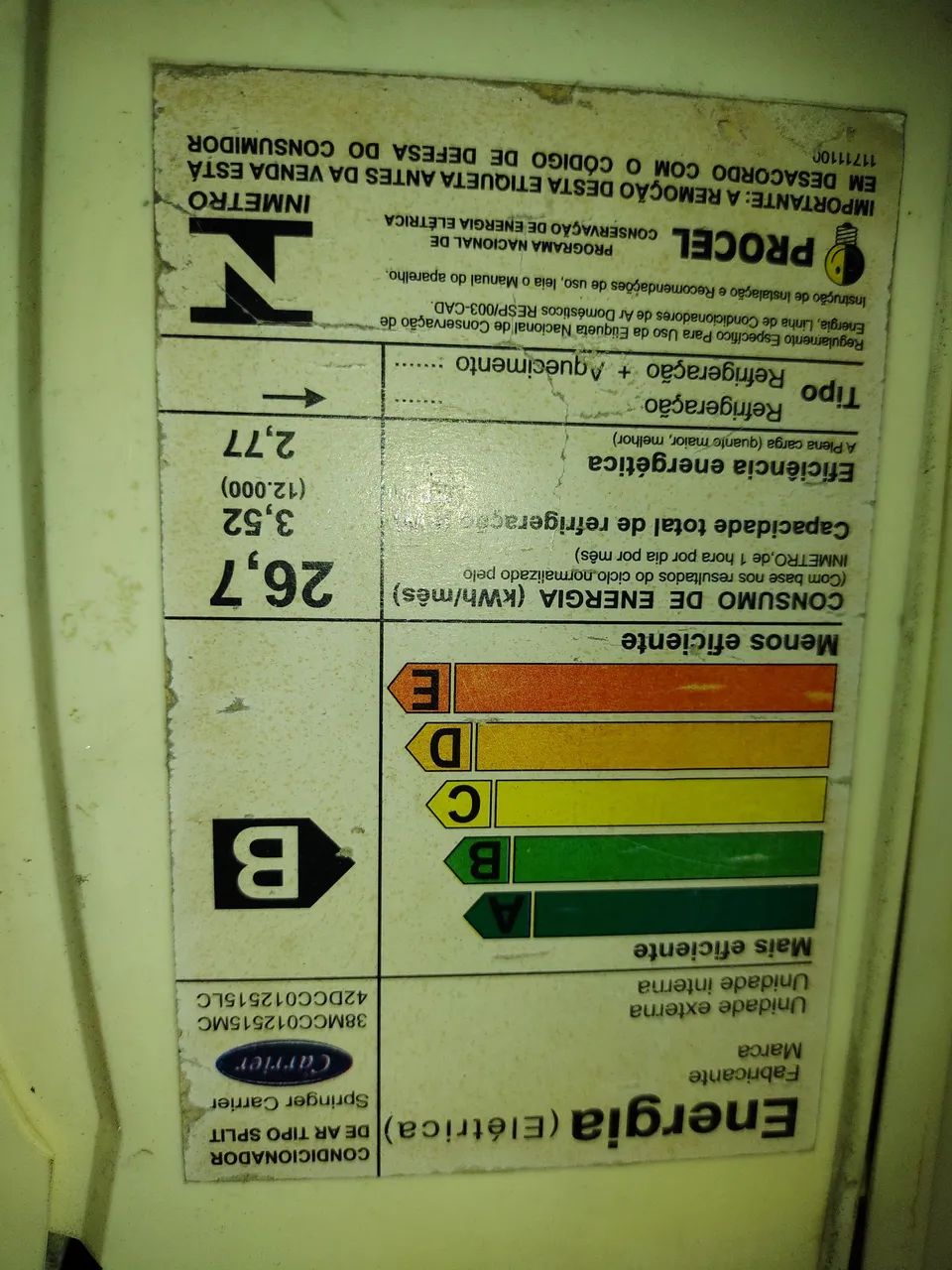 Ar cond. tipo Split da Carrier, no estado, só a Evaporadora.