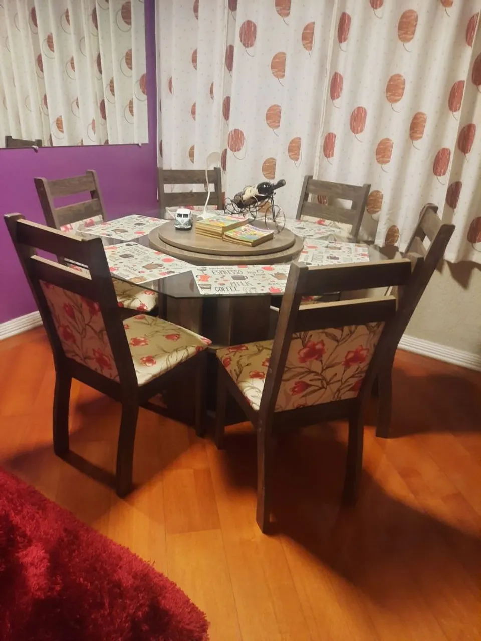 Mesa de vidro 6 lugares passa prato giratório