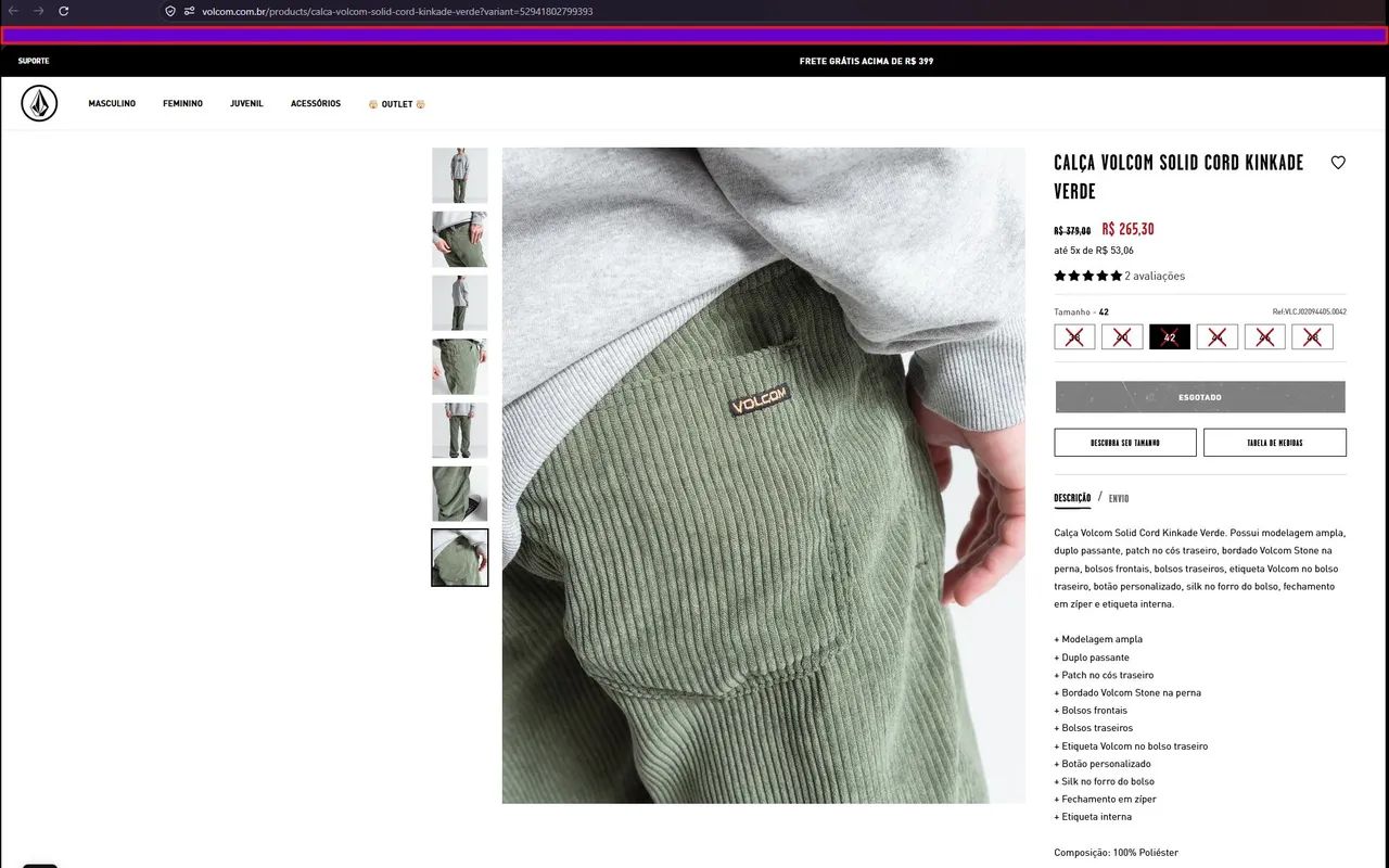 CALÇA VOLCOM SOLID CORD KINKADE VERDE NOVA - Foto 2