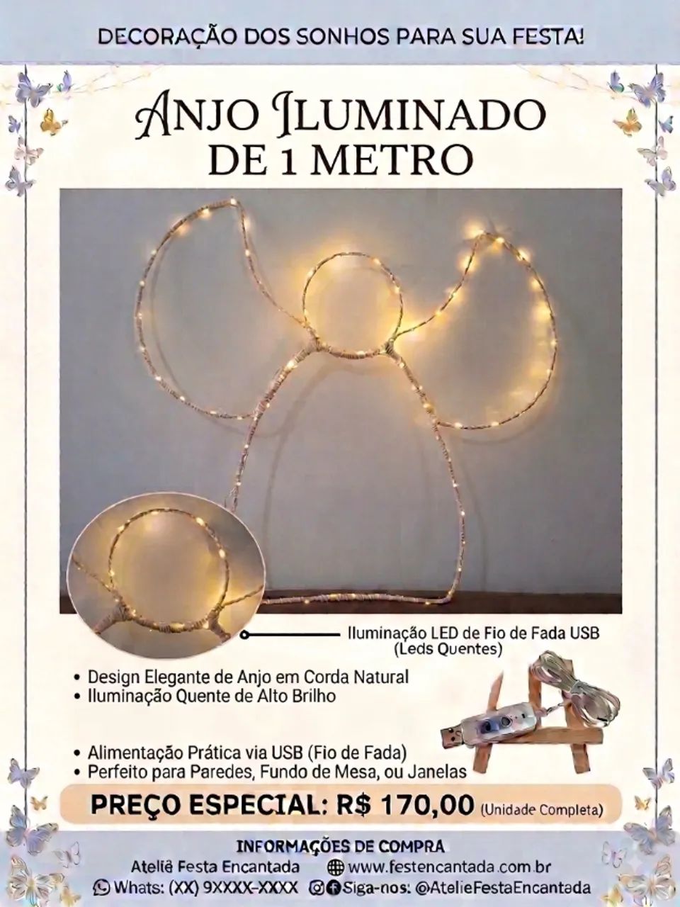 Painel Anjo iluminado 1 metro