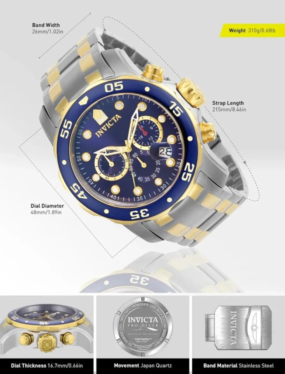 Relógio Masculino Invicta Pro Diver 0077 Aço Inoxidável Dourado - Foto 6