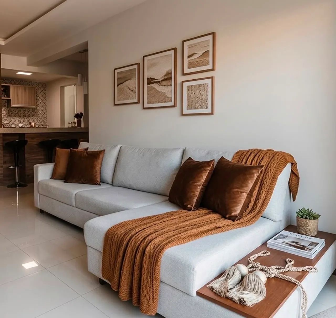 Sofá com chaise e mesa lateral 
