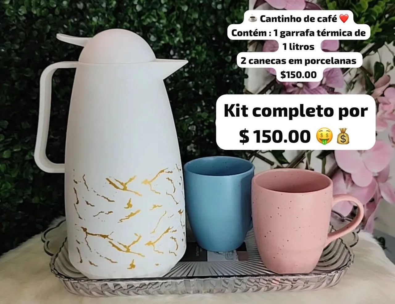 Kit Garrafa Térmica 1 Litro + 2 Canecas Porcelana