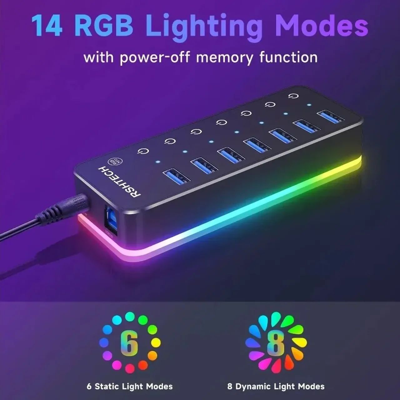 Hub USB Rshtech 5gbps 7 Portas USB 3.0 com LED RGB - Foto 3