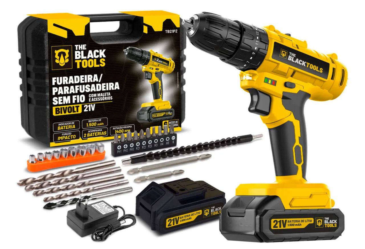 Furadeira/Parafusadeira Bivolt 21V Sem Fio - The Black Tools - Foto 3