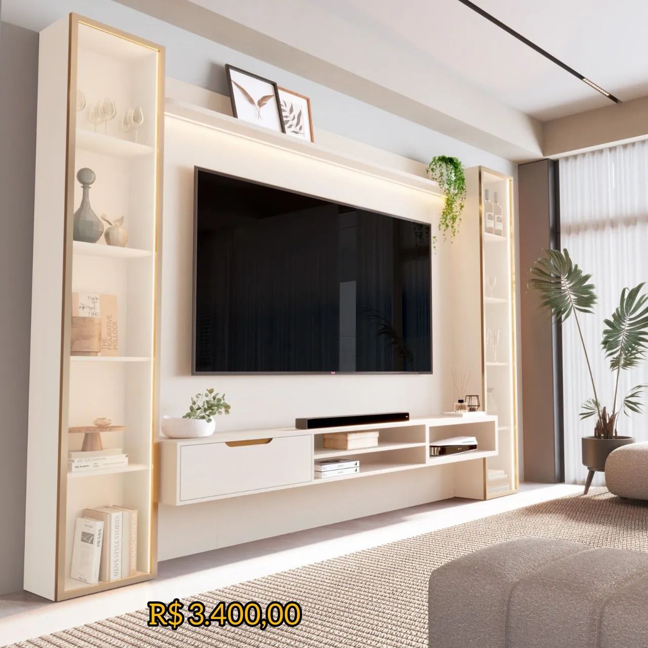 Painel Modular Tucumã com 2 tores e Rack completo off white  - Foto 3