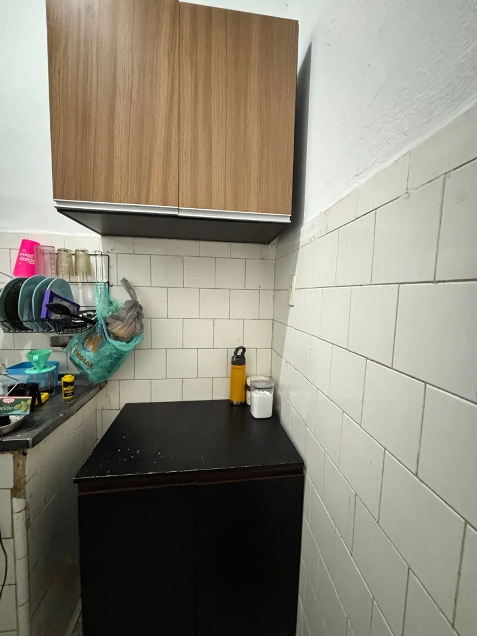 Kit Armário de cozinha chão e aéreo MDF preto com madeira