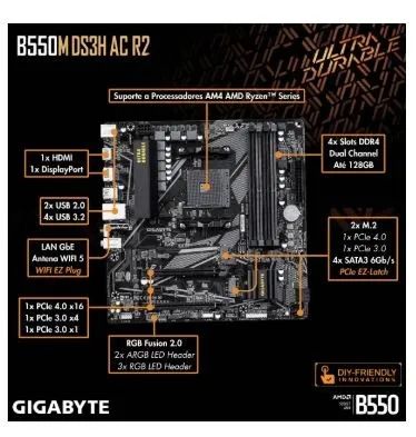 Placa Mãe Gigabyte B550m Ds3h Ac R2 Preto - Foto 2