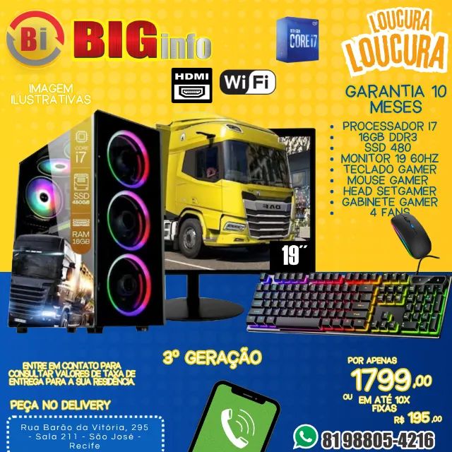 Computador Completo Intel Core i7, 16GB RAM, SSD 480gb , Monitor LED 19" - Em ate 10x Fixa